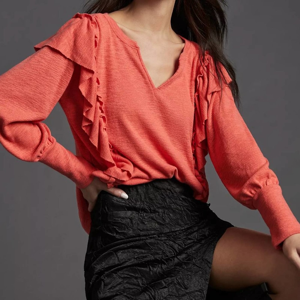 ANTHROPOLOGIE Pilcro Cozy Popover Ruffle Top Bright Red